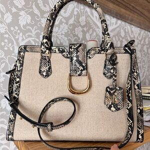 Lauren Ralph Lauren Kenton City Satchel Canvas Snake Embossed Leather Gold HDW